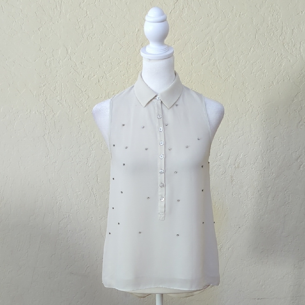 💎 Armani Exchange Cream Sleeveless Button Down Blouse Rhinestones XS-Flawed Gem